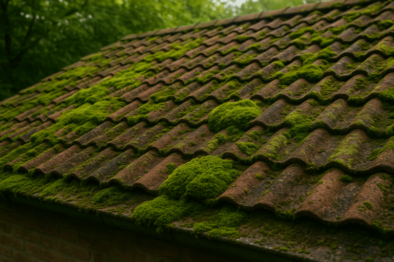 Mech i zielony nalot na dachu domu jednorodzinnego – widoczne porosty na dachówce