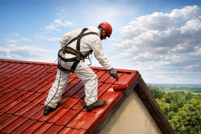 Pracownik malujący dach z blachy w słoneczny dzień przy odpowiedniej temperaturze i bez opadów