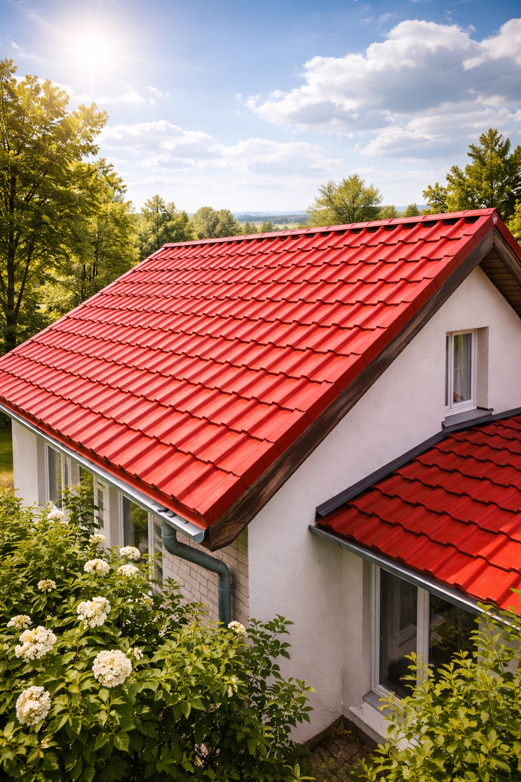 Czerwony dach domu jednorodzinnego po malowaniu przy sprzyjających warunkach pogodowych